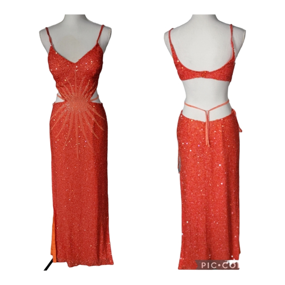 SCALA Dress Size Med Orange Sunburst Open waist Back Sequin Beaded Formal Gown
